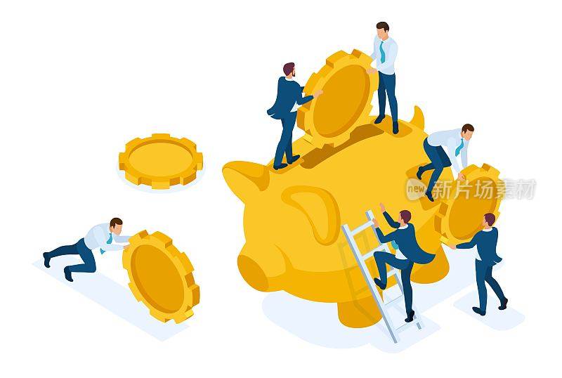 Isometric The concept of investing in a bank deposit, small people carry money. Concept for web design